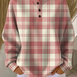 Red and cream plaid henley long-sleeve shirt with button placket
