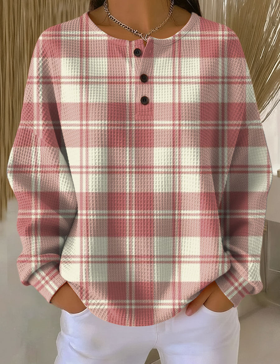 Emilie™ plaid henley shirt with long sleeves and button placket, red and cream