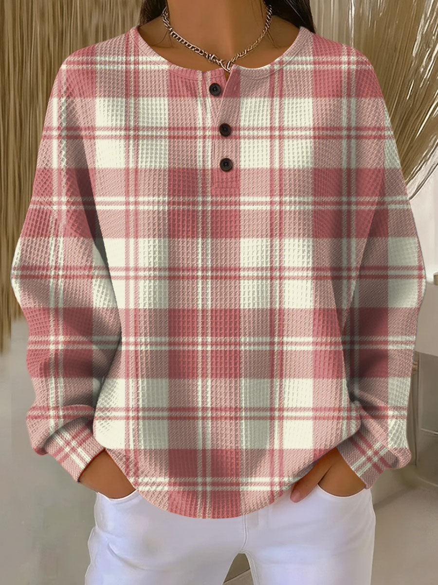 Emilie™ plaid henley shirt with long sleeves and button placket, red and cream