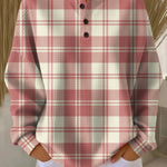 Emilie™ plaid henley shirt with long sleeves and button placket, red and cream
