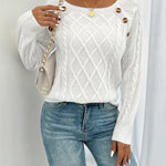 Cable-knit long-sleeve sweater, white, off-shoulder look with gold button at neckline