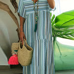 Plus size tummy control tiered ruffle maxi dress, teal striped, short sleeves, V-neck