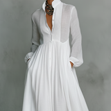 Elisa | Baumwoll- und Leinen-Maxi-Kleid mit Patchwork, hohem Kragen und langen Ärmeln - Minimalistischer Stil