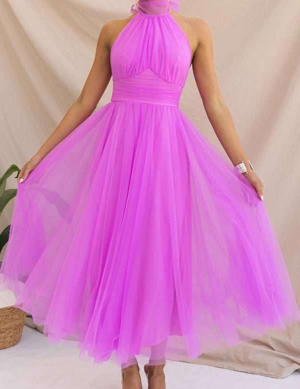 Magenta halter tulle dress with tiered skirt and fitted bodice