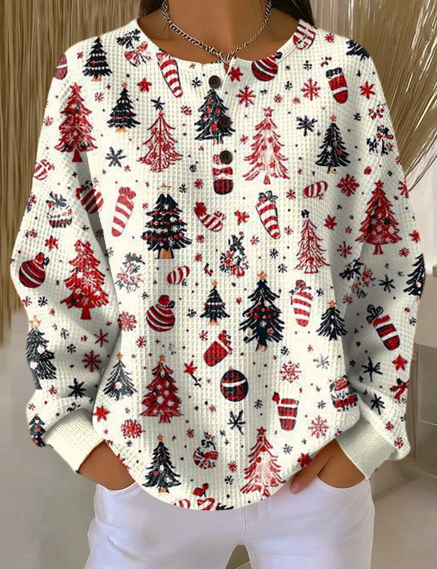 Anna™ festive sweater, white knit with colorful Christmas tree and candy cane print