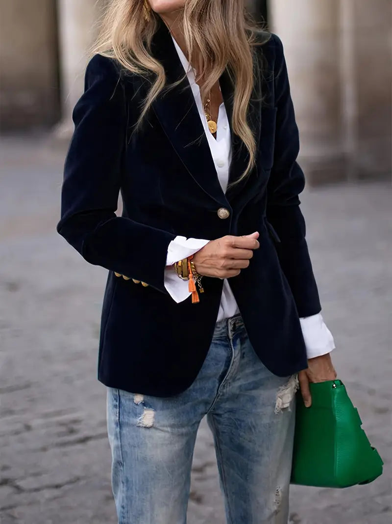 Julissa™ velvet blazer in dark blue, single-breasted with notched lapel and gold button