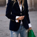Julissa™ velvet blazer in dark blue, single-breasted with notched lapel and gold button