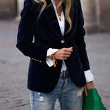 Julissa™ velvet blazer in dark blue, single-breasted with notched lapel and gold button
