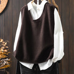 Brown sleeveless knit Grace cardigan with ribbed cowl neckline and button front