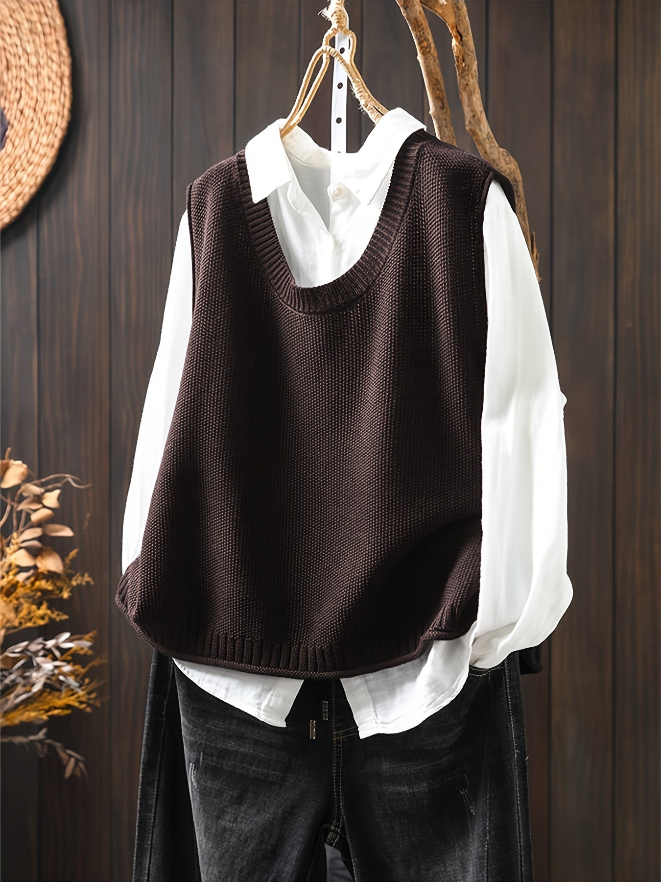 Brown sleeveless knit Grace cardigan with ribbed cowl neckline and button front