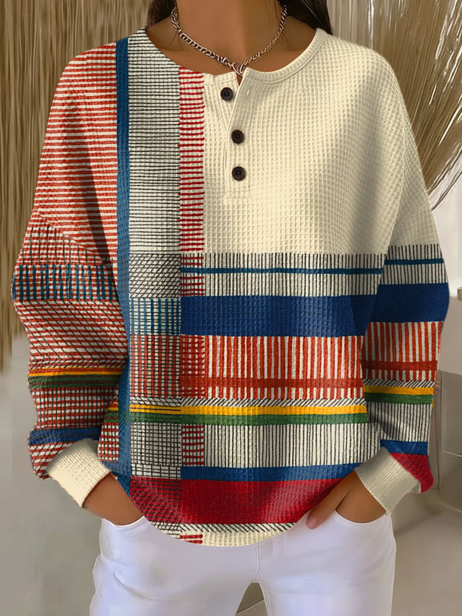 Mille™ multicolor knit henley pullover with cream button placket and striped bands