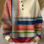 Mille™ multicolor knit henley pullover with cream button placket and striped bands