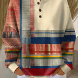 Mille™ multicolor knit henley pullover with cream button placket and striped bands