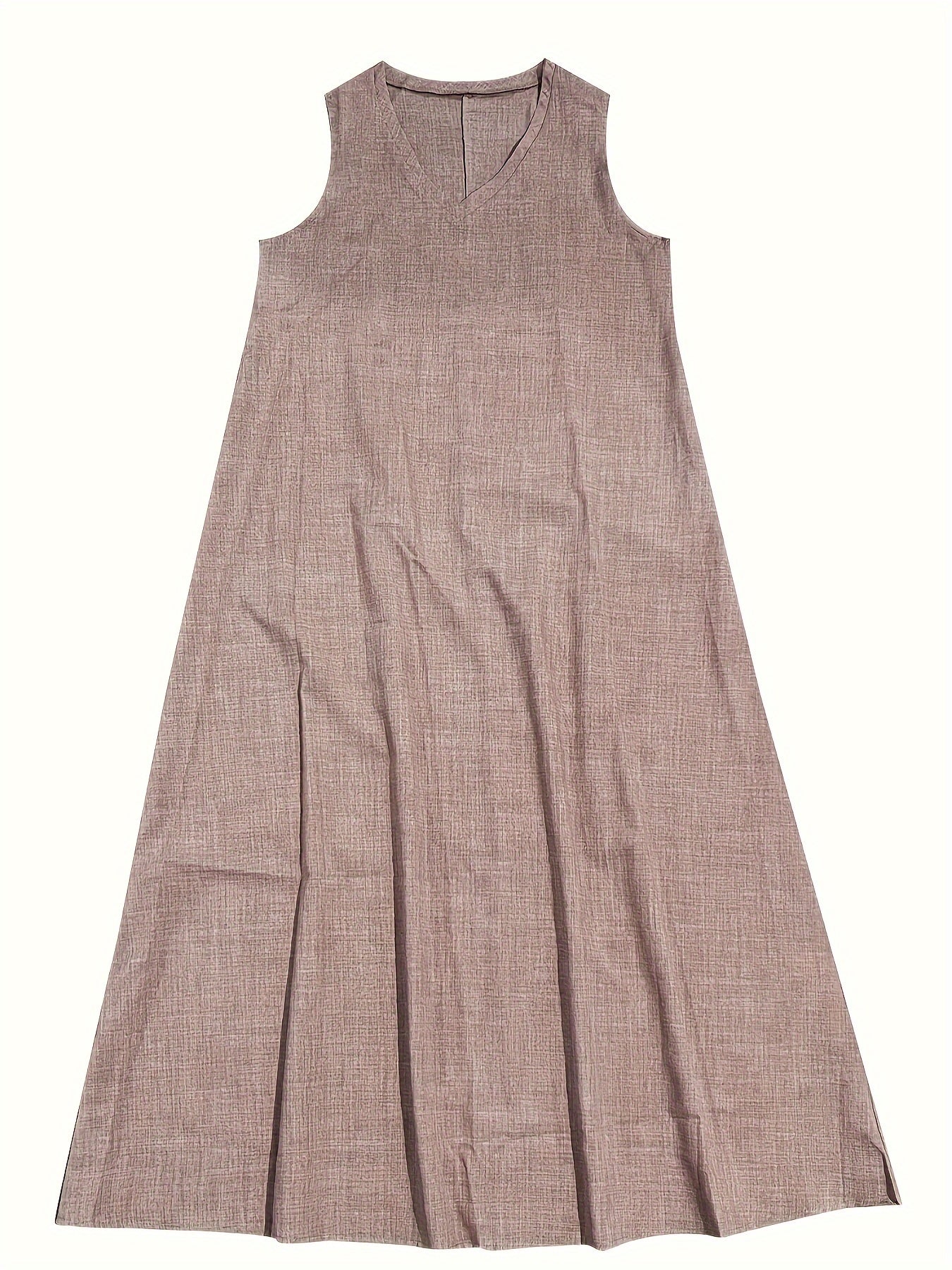 Rosie™ V-neck sleeveless tank dress in taupe linen-look fabric with pleated skirt