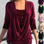 Burgundy glitter sequin top with draped V-neck and long sleeves