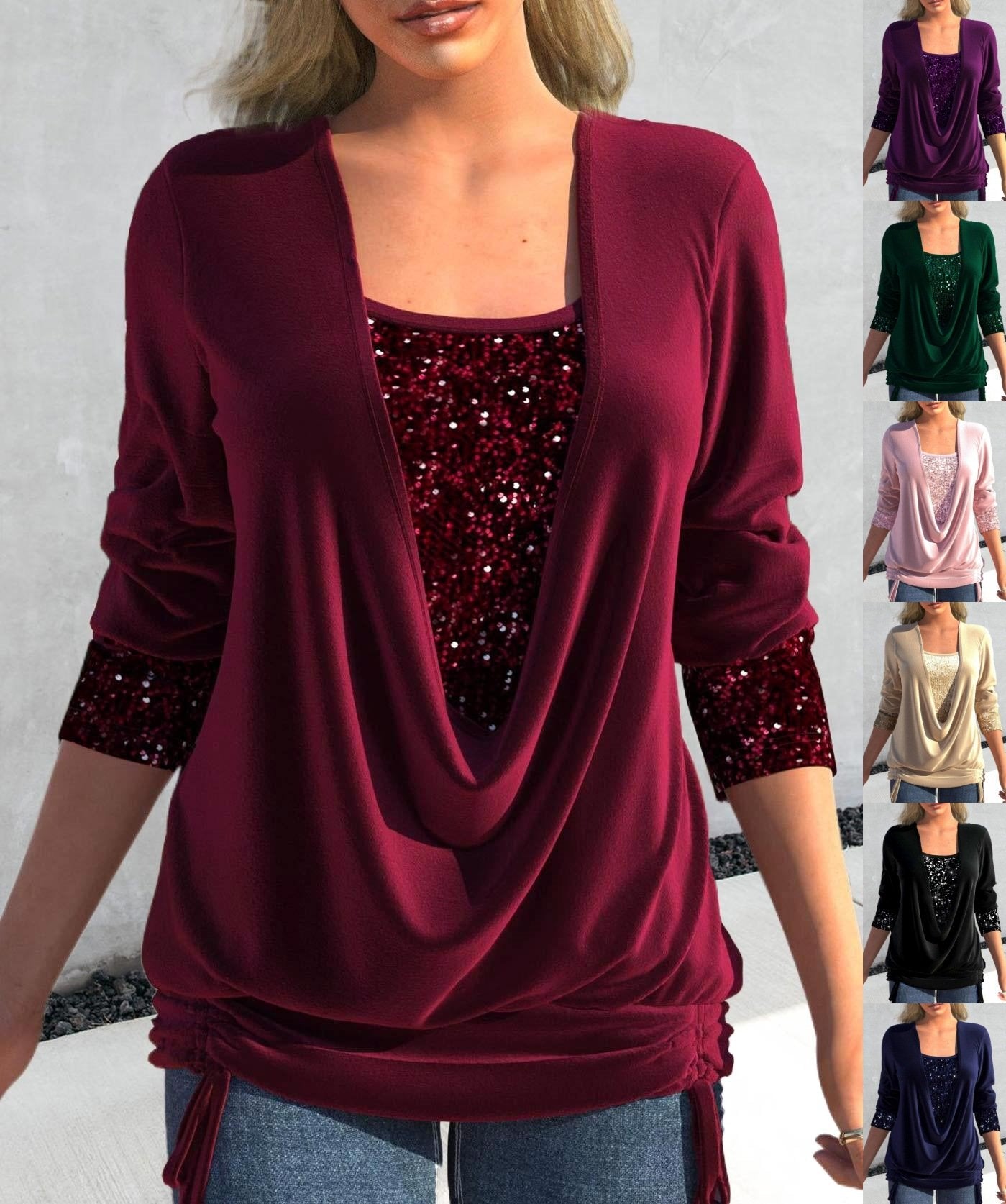 Burgundy glitter sequin top with draped V-neck and long sleeves