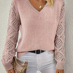 Rose pink long-sleeve V-neck knit sweater with openwork lace sleeve panels