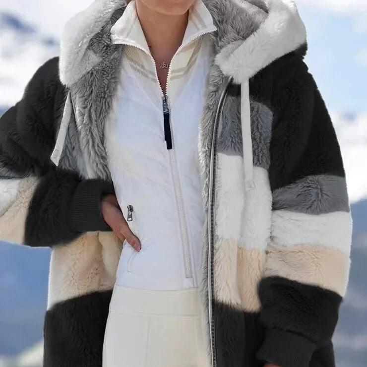Keithy color-block sherpa jacket in black, gray, and cream with zip-front collar