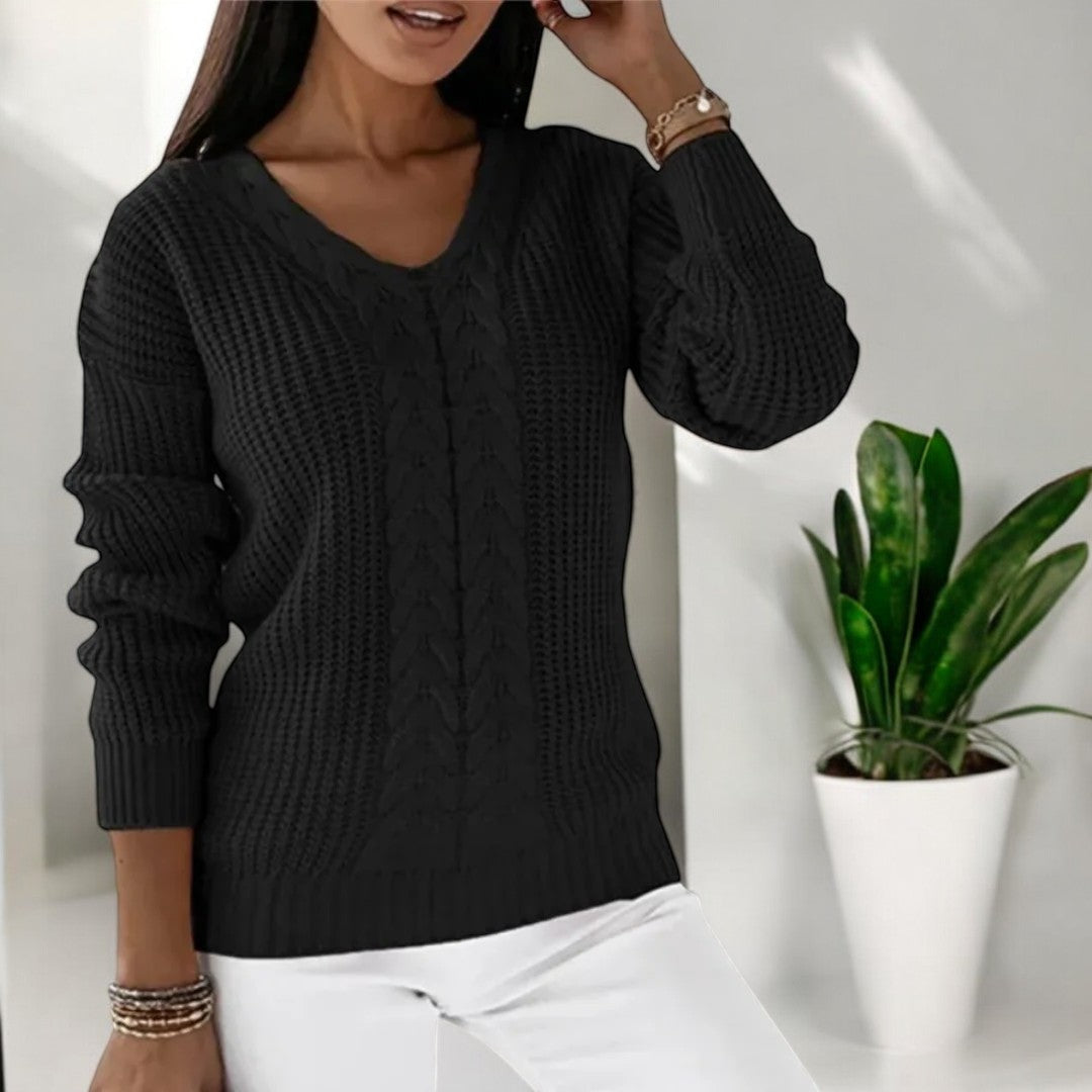 Black classic knit sweater with V-neck and textured cable pattern, 3/4 sleeves