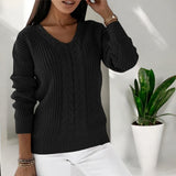 Black classic knit sweater with V-neck and textured cable pattern, 3/4 sleeves