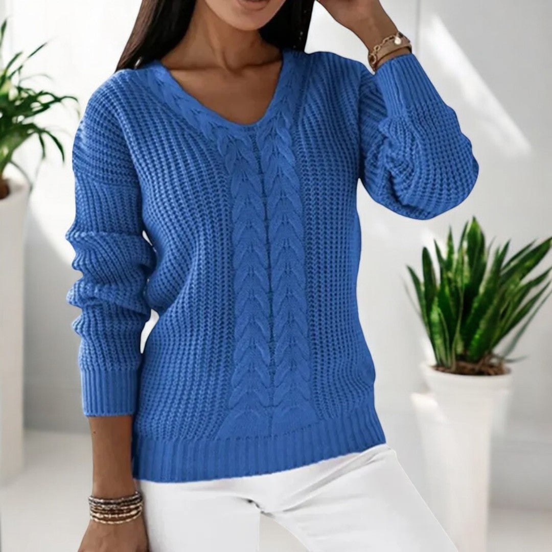 Blue classic knit sweater with V-neck and textured cable pattern, 3/4 sleeves