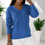 Blue classic knit sweater with V-neck and textured cable pattern, 3/4 sleeves