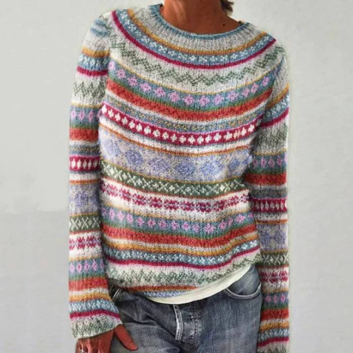 Lily™ retro striped sweater with crew neck, long sleeves, multicolor knit bands