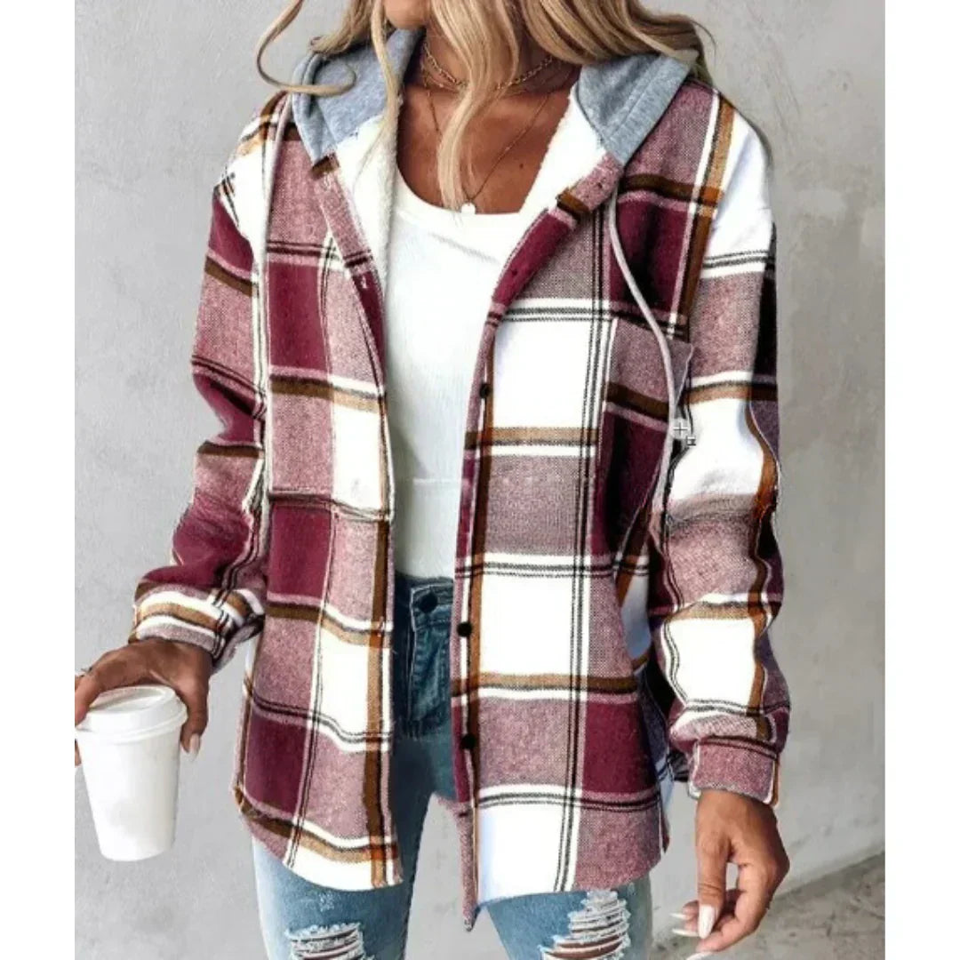 Isabella™ burgundy plaid hooded jacket with button front and long sleeves