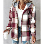 Isabella™ burgundy plaid hooded jacket with button front and long sleeves