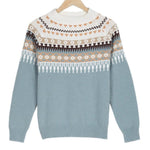 Light blue fair isle knit pullover with crew neck and long sleeves, hanging