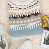 Light blue fair isle knit pullover with crew neck and patterned yoke