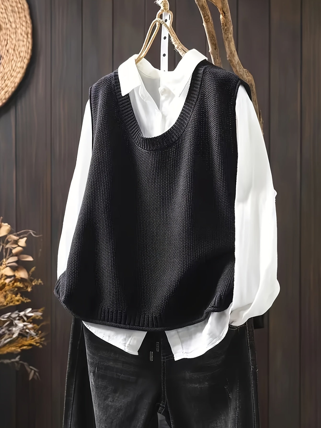 Black sleeveless knit Grace cardigan with ribbed cowl neck and button placket