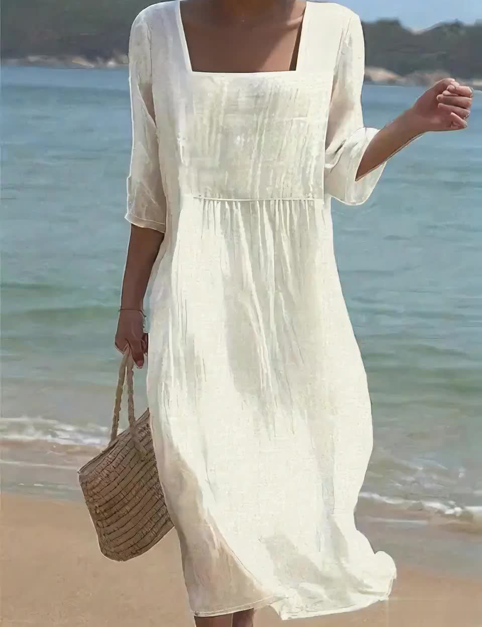 Off-white casual dress with square neckline, gathered waist, 3/4 sleeves