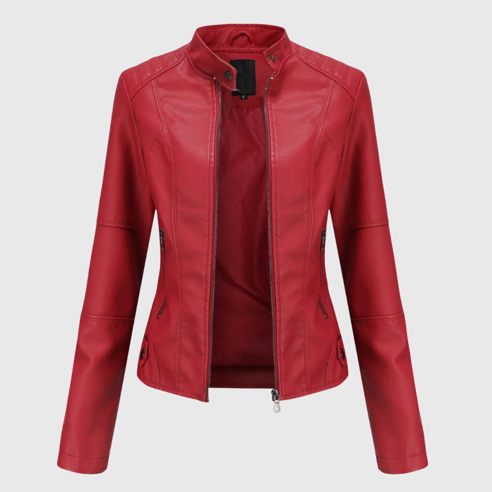 Women's red leather zip jacket with stand collar and side zipper details
