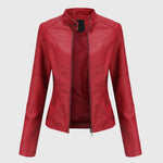 Women's red leather zip jacket with stand collar and side zipper details
