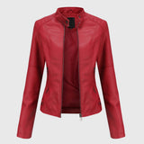 Women's red leather zip jacket with stand collar and side zipper details