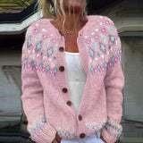 Pink knit cardigan with multicolor diamond pattern, button placket and V-neck