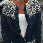 Hadley vintage knit cardigan close-up in dark navy with cream Fair Isle button placket.