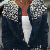 Hadley vintage knit cardigan close-up in dark navy with cream Fair Isle button placket.