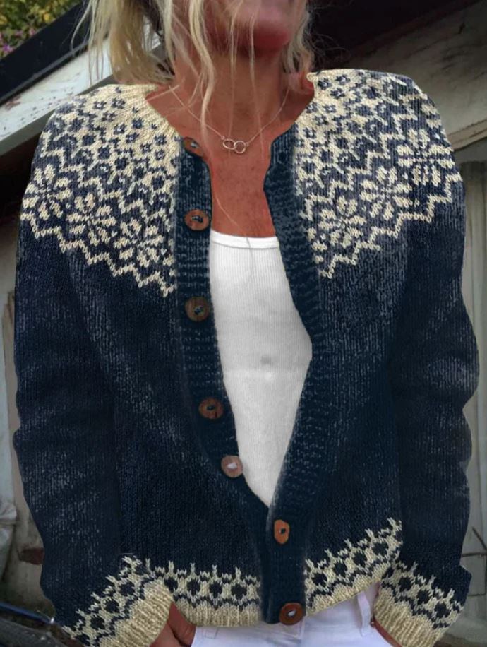Hadley vintage knit cardigan close-up in dark navy with cream Fair Isle button placket.