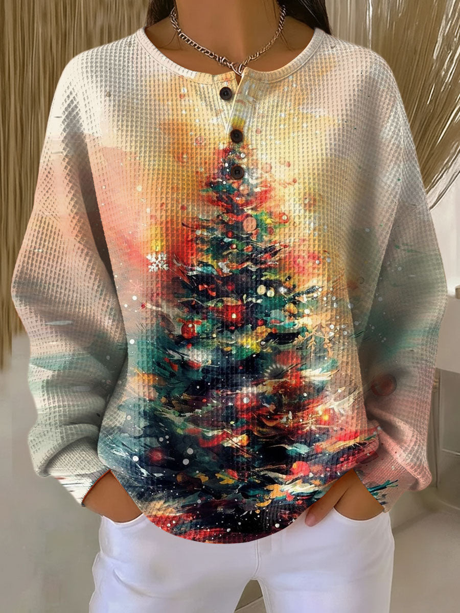 Ella pullover sweater with long sleeves, henley button placket, Christmas tree print