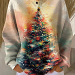 Ella pullover sweater with long sleeves, henley button placket, Christmas tree print