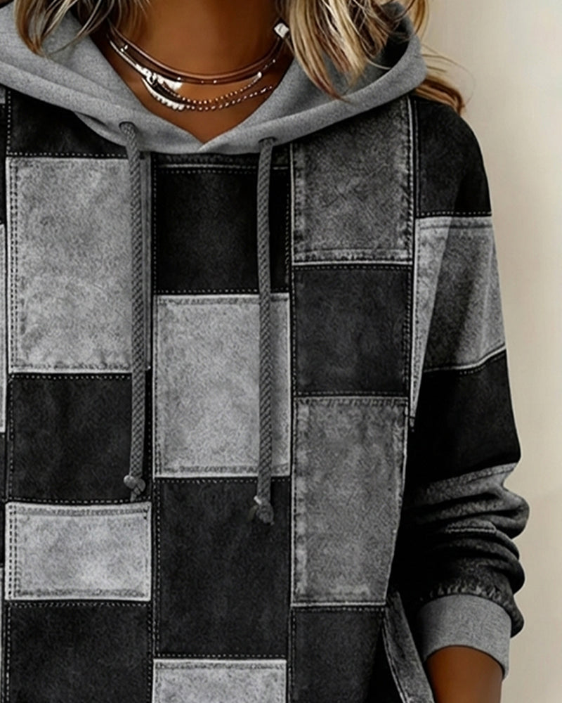 Gray and black patchwork hoodie with hood and drawstring, front square panels