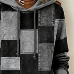 Gray and black patchwork hoodie with hood and drawstring, front square panels