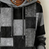Gray and black patchwork hoodie with hood and drawstring, front square panels