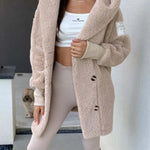 Plush hooded jacket, light beige, long sleeves with front button closures