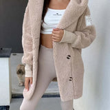 Plush hooded jacket, light beige, long sleeves with front button closures