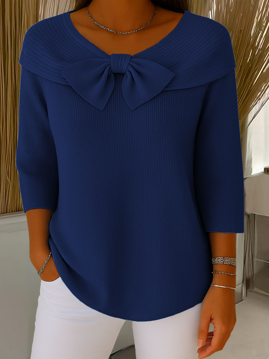 Blue ribbed knit sweater with large bow collar and 3/4 sleeves