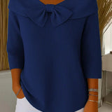 Navy women's knit sweater with oversized bow at neckline, 3/4 sleeves