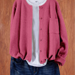 Women’s round-neck cardigan with button front, side pocket, purple knit, long sleeves